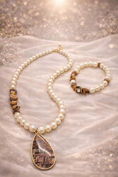 PORSE İnci Detaylı Kahve Akik Doğal Taşlı El Yapımı Kolye ve Bileklik Seti