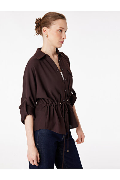 Koton Long Sleeve Classic Collar Belted Waist Pocketed Shirt