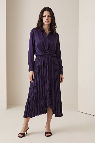 Setre Purple Elastic Waist, Pleated Detailed Midi Length Comfortable Cut Skirt