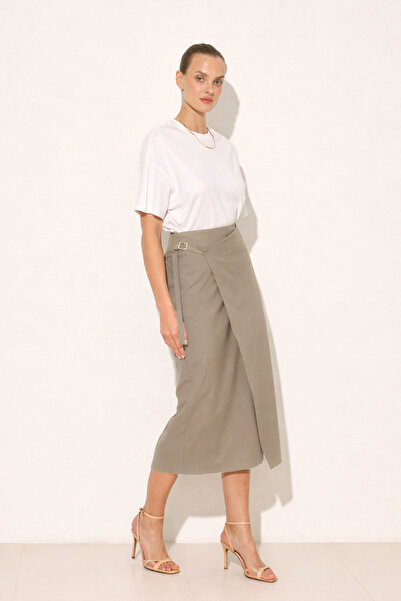 Setre Beige Double-Breasted, Form-Fitted, Slit Midi Skirt with Tie Detail
