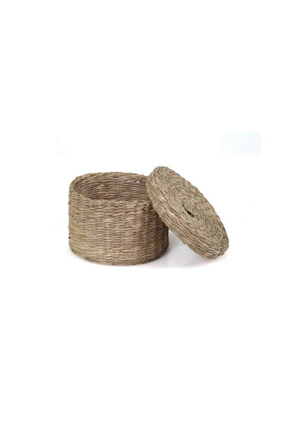 KANCAEV Natürel Hasır  Kapaklı Sepet Yuvarlak Küçük