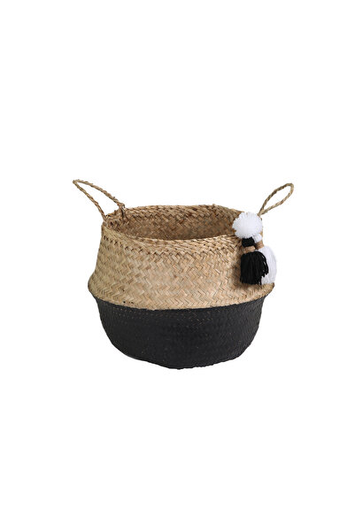 KANCAEV 30cm Wide Black-White Tufted Folding Belly Wicker Basket