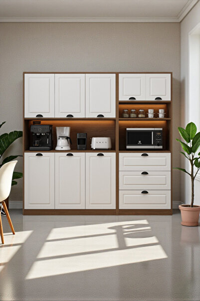 Avmpark Brave Kahve Köşesi 3 Kapaklı + Çekmeceli Raflı Led Işıklı Membran Kap...