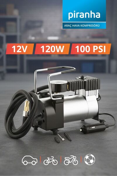 Piranha 11248 Mini Araç Hava Kompresörü | 12V 120W | 100 PSI Basınç Göstergel...
