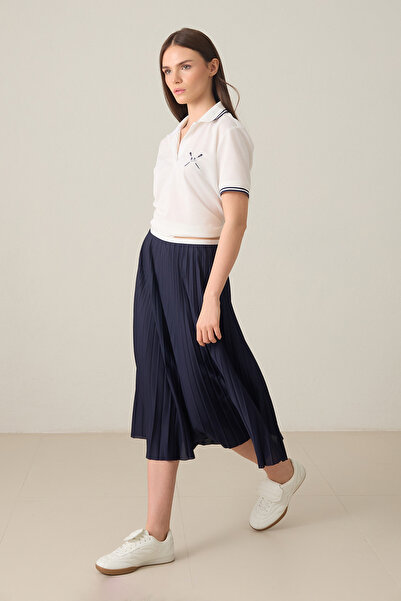 Setre Navy Blue Waist Stripe Detailed Pleated Midi Skirt