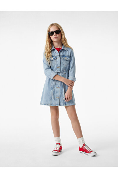 Koton Дългоръкавна рокля с яка, джобове и колан от деним