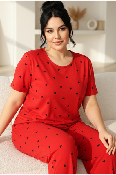 Siyah İnci Set de pijamale din bumbac cu mâneci scurte, mărime mare, Red Curve