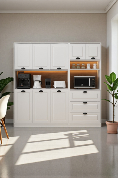 Avmpark Brave Kahve Köşesi 3 Kapaklı + Çekmeceli Raflı Led Işıklı Membran Kap...