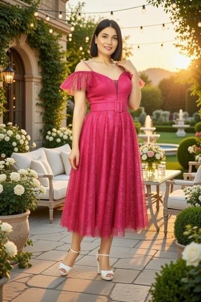FaBe Fashion Ip Askılı Düşük Kollu Kalp Yaka Beli Kemerli Midi Gelincik Dante...