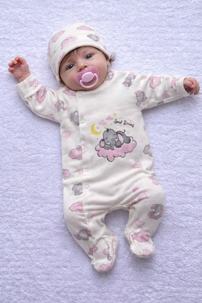 MBK GARDEN Bulut ve Fil Desenli Pastel Renkli Şapka Aksesuarlı Bebek Tulum Set