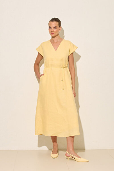 Setre Butter Yellow V-Neck Midi Dress with Sleeves and Waist Belt Detail