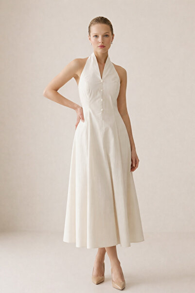 Setre Krem Asimetrik Yaka Detaylı Belden Oturtmalı Rahat Kesim Midi Elbise