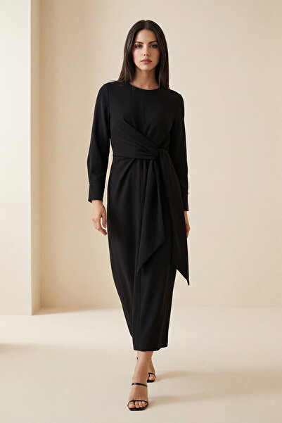 Setre Black Long Sleeve Midi Dress with Waist Tie Detail