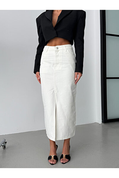 HerTon Yüksek Bel Yırtmaçlı Denim Etek