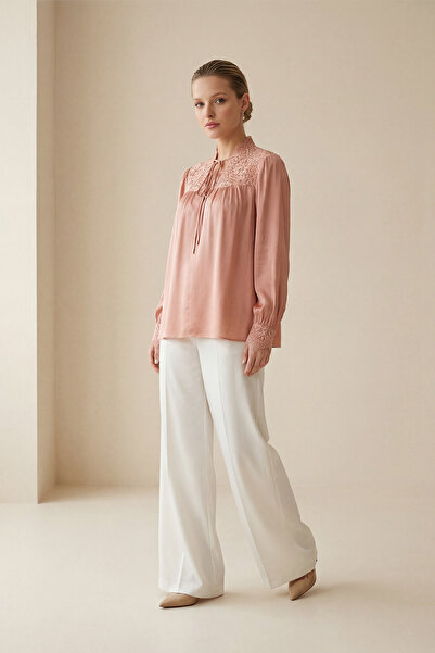Setre Salmon Collared Blouse with Tie and Lace Detail, Long Sleeves