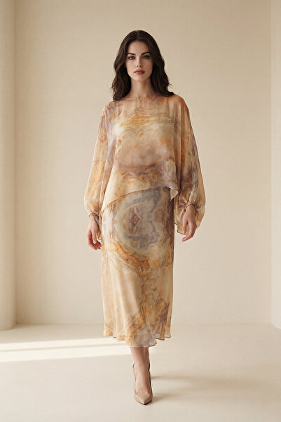 Setre Beige-Lilac Transparent Patterned Blouse with Sleeves and Collar Detail...