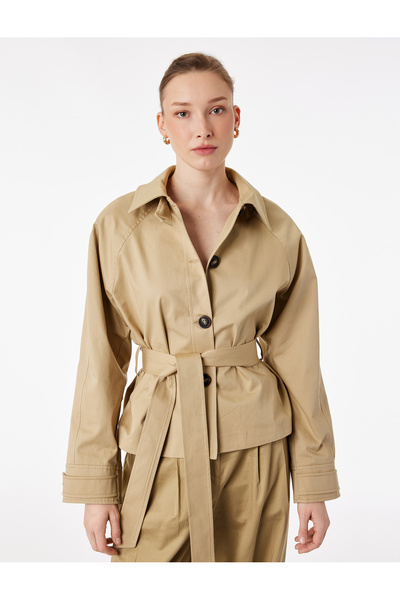 Koton Long Sleeve Buttoned Pocketed Belted Short Gabardine Trench Coat