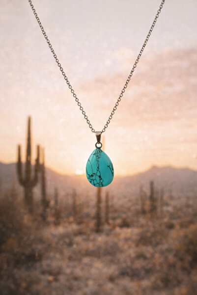 PORSE Turquoise Natural Stone Oval Shaped Steel Chain Necklace