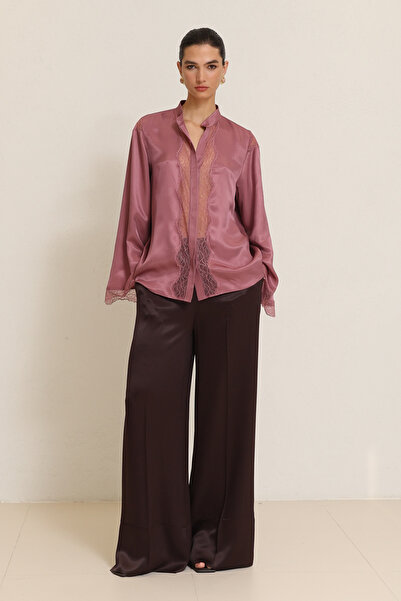 Setre Gül Kurusu Dantel Detaylı Uzun Kollu Rahat Kesim Bluz