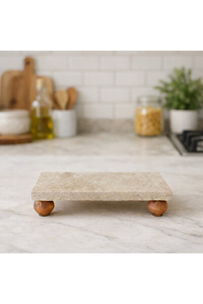 MUGU KÜÇÜKBOY Traverten mermer yağlık altı sunum standı ahşap misket ayaklı (...