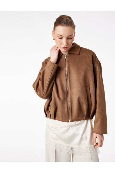 Koton Long Sleeve Pocketed Zippered Faux Suede Oversized Bomber Jacket