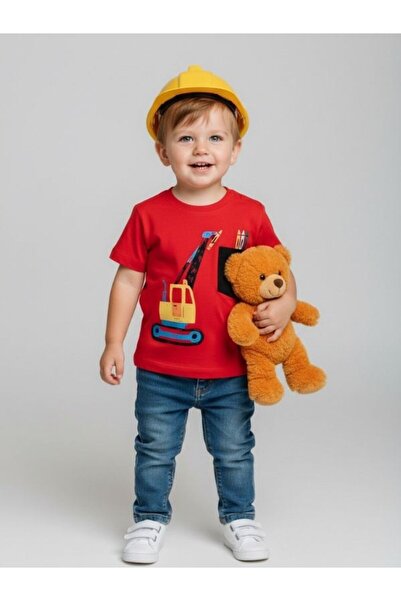 Çikoby Erkek Bebek İş Makinesi Baskılı Kırmızı T-shirt
