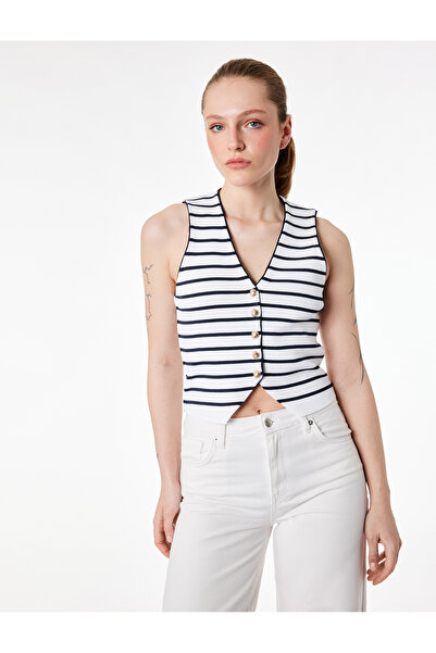 Koton Златен копче с детайли, раирана плетена жилетка