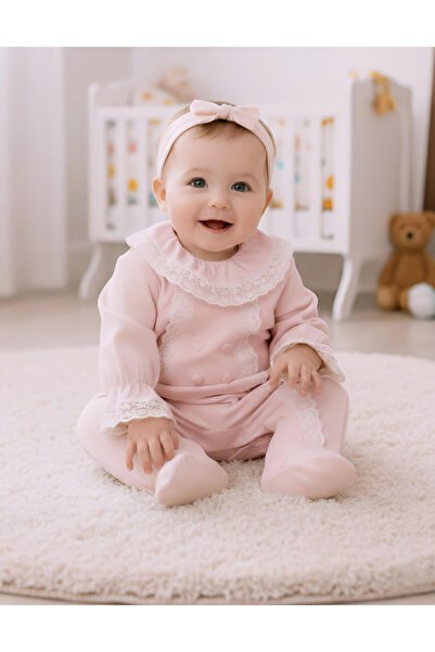 Nexvora Büzgü Dantel Yakalı Kız Bebek Tulum 3 6 9 Ay