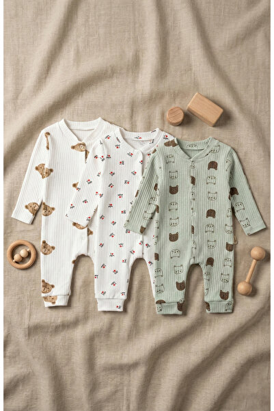 Noone 3'lü Paket Ayıcık Desenli Fitilli (Kaşkorse) %100 Pamuklu Bebek Tulum Seti