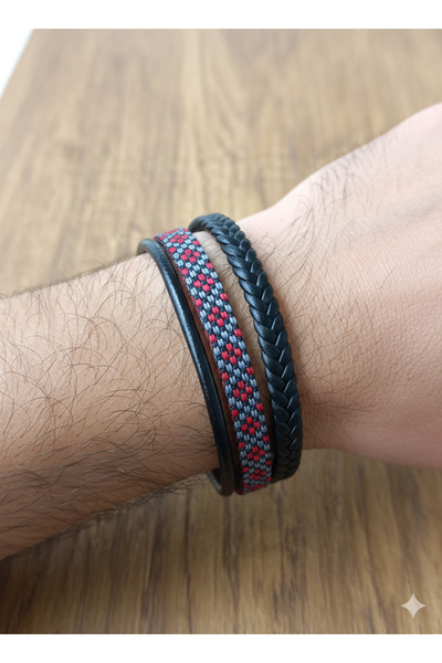 REGGENTE نمط العرقية المنسوجة سوار جلد طبيعي أسود أحمر