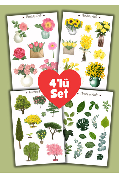 Handeto Kraft Yarı şeffaf Bitki Çoklu Sticker Set, 4'lü sticker, Çıkartma, Sc...