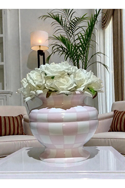 VERA HOME DECOR Ceramic, Hand-Painted Decorative Object Pink Checkerboard Pat...