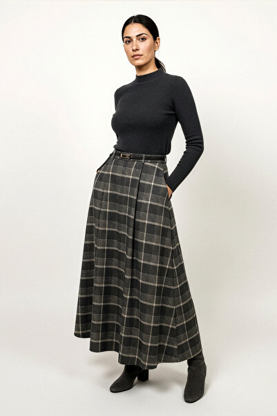 LA PANTE Kadın Etek Uzun Etek Tesettür Bohem A Kesim Kemerli Ekoseli Antrasit...