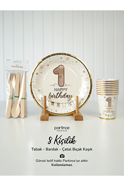 partince 8 Kişilik Gold Yaldız 1 Yaş Tabak Happy Birthday Karton Kullan At Ta...