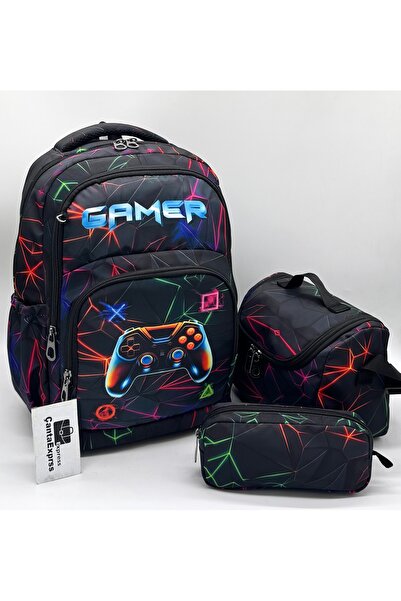 Bevitton Set de 3 bucăți cu model de caractere negre Geantă de școală primară...