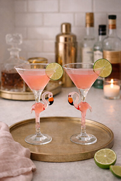 ADAMODART Flamingo Cam Tasarım Martini Kokteyl Kadeh 2'li Set