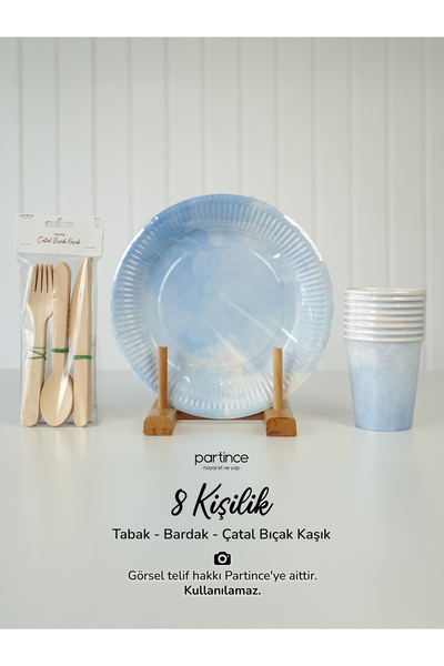partince 8 Kişilik Makaron Mavi Tema Kullan At Karton Tabak Bardak Çatal Kaşı...