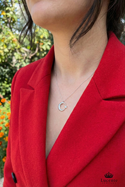 Lucente Jewellery Işıklı Hediye Kutulu Ay Yıldızlı 925 Ayar Luxury Serisi Türk Bayrağı Ayyıldızlı Özel Minimal Tasarım Gümüş Özel Gün Hediyesi 45 Cm Zincirli Küpe Hediyeli Hilal Ay ve Yıldız Kadın Kolye