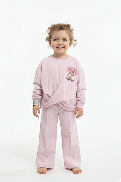 zubi kids wear Girl's Knot Detailed Sweatshirt and Wide Leg Bottom Set (3-5 Y...