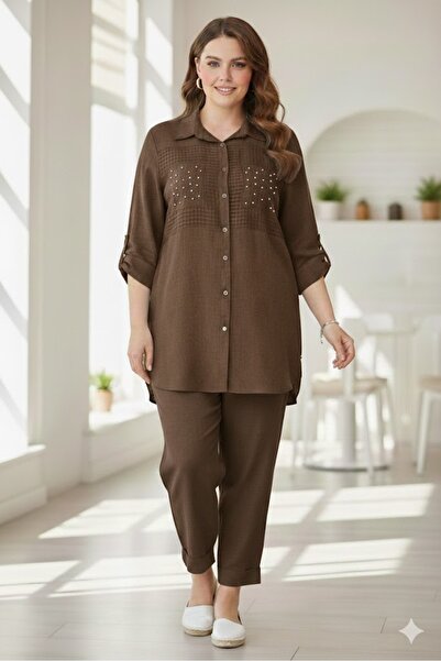 elma abone Plus Size Women's Linen Tunic Shirt and Pants Set