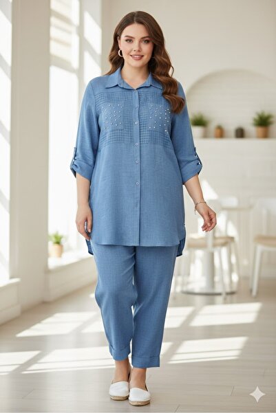 elma abone Plus Size Women's Linen Tunic Shirt and Pants Set