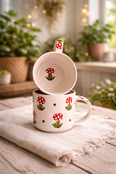 Ekin Concept Mantar Desenli Seramik Kupa, Mantarlı Kupa, El Yapımı Seramik Ku...