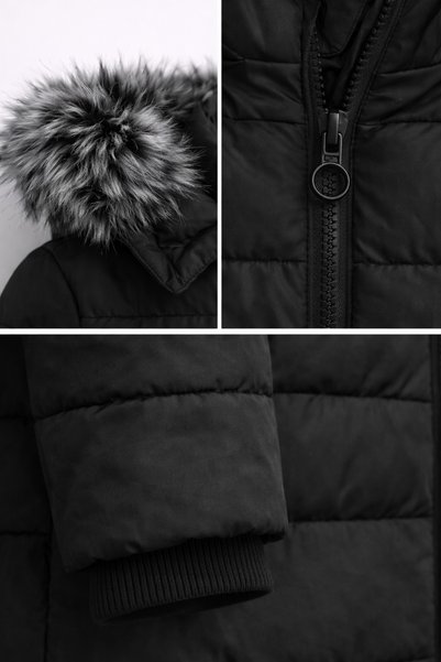 REGOS Girl's Black Puffer Coat Hooded Fur Winter Long Model