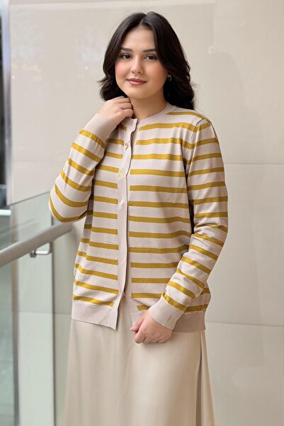 Ghisa Yatay Çizgili Önden Çıtçıtlı Merserize Hırka