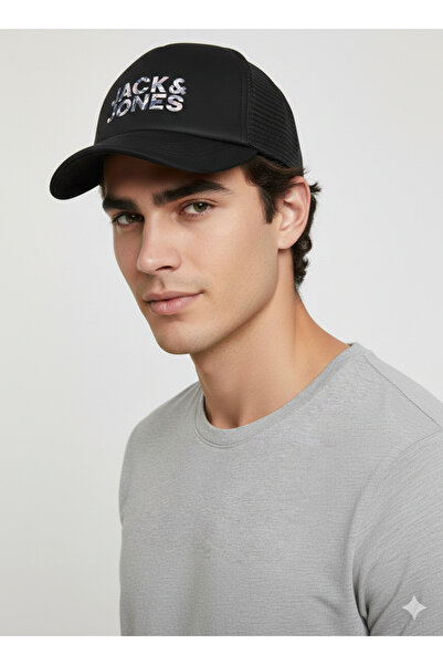Jack & Jones قبعة جاك جونز الشبكية المكتوبة للجنسين باللون الأسود