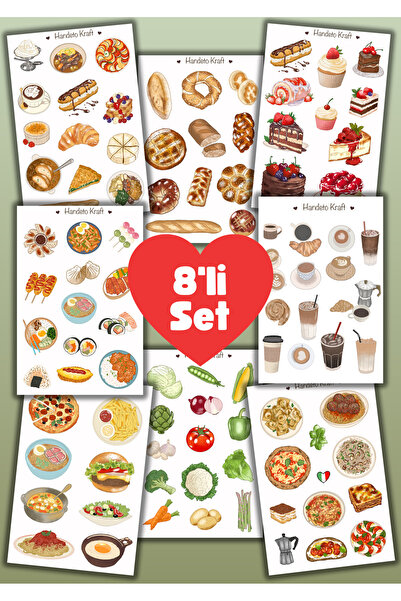 Handeto Kraft 8'li Dünya Yemekleri Sticker Set, Çıkartma, Scrapbook, Bullet J...