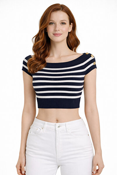 Neden Tekstil Πλεκτή μπλούζα πουλόβερ με ριγέ λαιμόκοψη καγιόκ σε θαλάσσιο στυλ