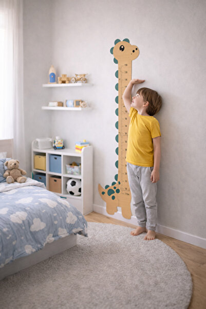 Lazer X Design İsme Özel | Dinazor Detaylı Ahşap Boy Ölçer | Çocuk Odası Deko...