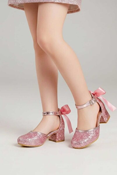 pediashoes KIZ ÇOCUK PEMBE RENKLİ PARLAK RAHAT TOPUKLU ŞIK ABİYE PRENSES AYAK...