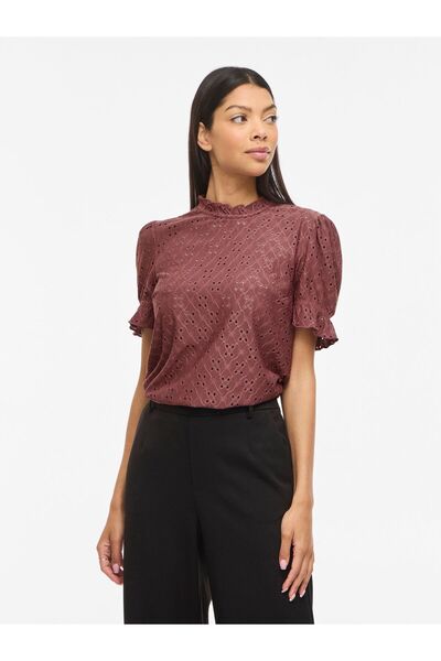 VILA Oberteil mit kurzen Ärmeln Stickerei